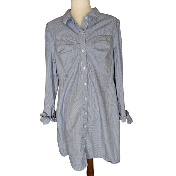 ECI Bow Cuff Railroad Stripe Cotton Shirt Dress Button Front Long Sleeves Sz 14 - Picture 3 of 11